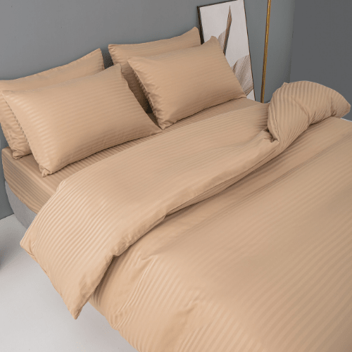 Satin Stripped King Size 6 Pieces Duvet Cover (without filling) Solid Golden Brown. - BusDeals
