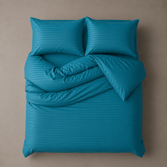 Satin Stripped King Size 6 Pieces Duvet Cover ( without filling) Solid Ocean Blue. - BusDeals
