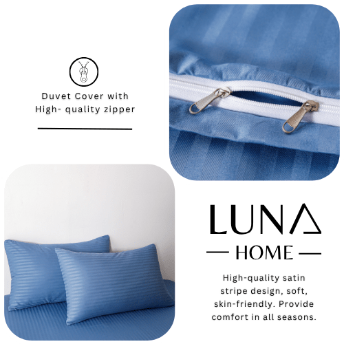Satin Stripped King Size 6 Pieces Duvet Cover (without filling) Solid Stone Blue. - BusDeals