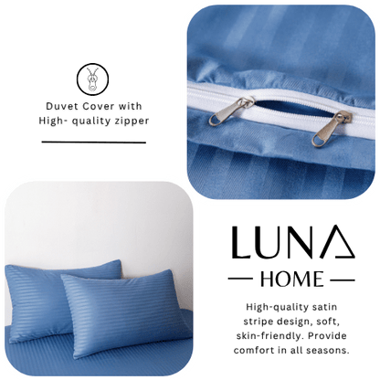 Satin Stripped King Size 6 Pieces Duvet Cover (without filling) Solid Stone Blue. - BusDeals
