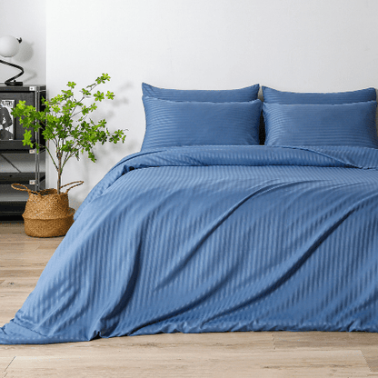 Satin Stripped King Size 6 Pieces Duvet Cover (without filling) Solid Stone Blue. - BusDeals