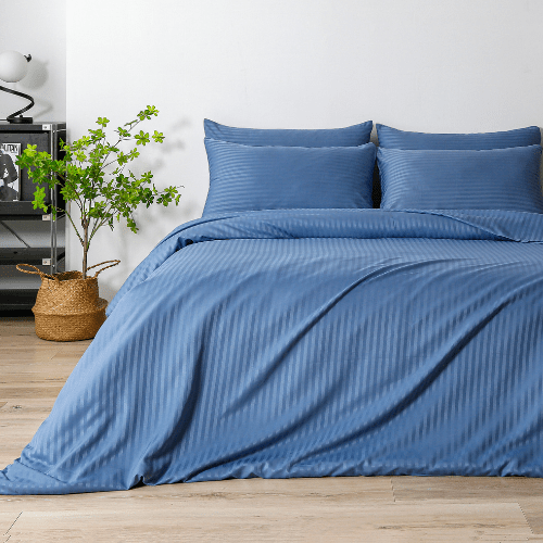 Satin Stripped King Size 6 Pieces Duvet Cover (without filling) Solid Stone Blue. - BusDeals