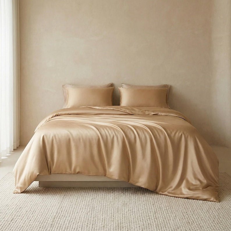 Silky Satin, King Size 6 - Piece Bedding Set, Plain Beige Color. - BusDeals