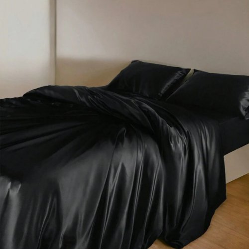 Silky Satin, King Size 6 - Piece Bedding Set, Plain Black Color. - BusDeals