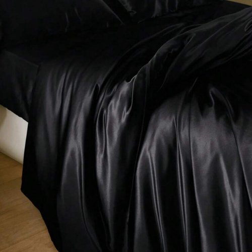 Silky Satin, King Size 6 - Piece Bedding Set, Plain Black Color. - BusDeals