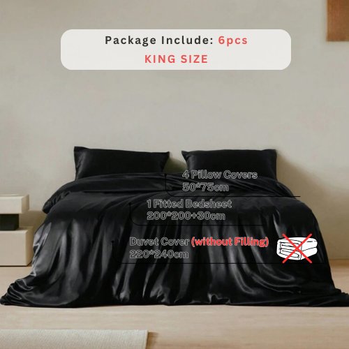 Silky Satin, King Size 6 - Piece Bedding Set, Plain Black Color. - BusDeals