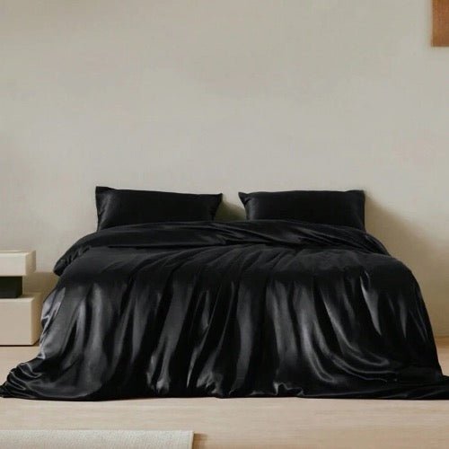 Silky Satin, King Size 6-Piece Bedding Set, Plain Black Color. - BusDeals