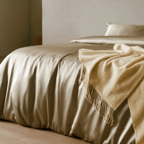 Silky Satin, King Size 6 - Piece Bedding Set, Plain Gold Brown Color. - BusDeals