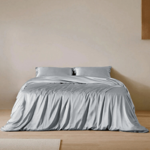 Silky Satin, King Size 6 - Piece Bedding Set, Plain Silver Gray Color. - BusDeals