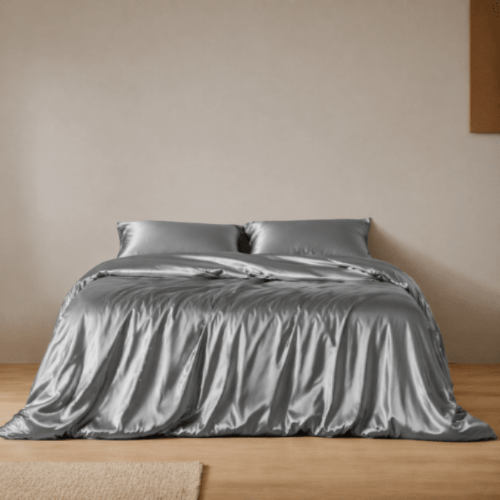 Silky Satin, King Size 6 - Piece Bedding Set, Plain Silver Medium Gray Color. - BusDeals