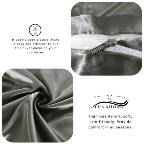 Silky Satin, King Size 6 - Piece Bedding Set, Plain Silver Medium Gray Color. - BusDeals
