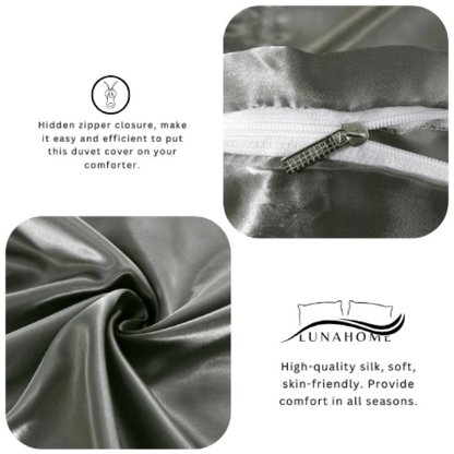 Silky Satin, King Size 6 - Piece Bedding Set, Plain Silver Medium Gray Color. - BusDeals