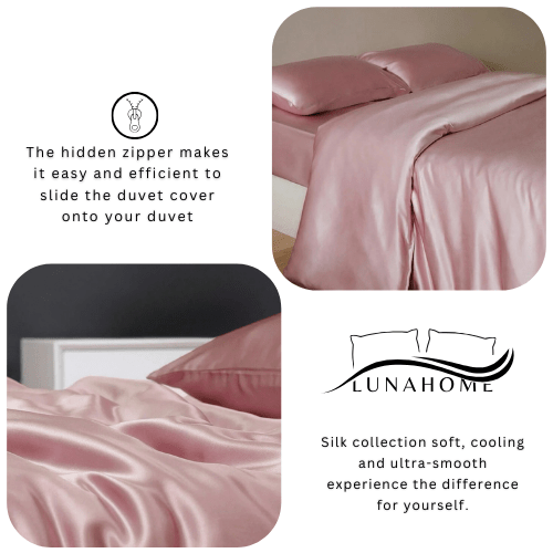 Silky Satin, King Size 6 - Piece Duvet Cover Set, Plain Pink Color. - BusDeals
