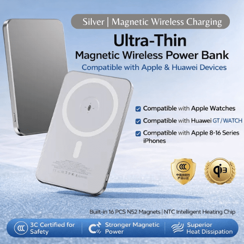 Silver Ultra - Thin Magsafe Wireless Power Bank, Fast Magnetic Charging, 20W Portable Charger Battery, 15W PD USB - C charging, 20000mAh. Ideal for iPhone Pro Max & Plus 17/16/15/14, Apple watch, ear pot. Compatible Galaxy S24/S25. - BusDeals