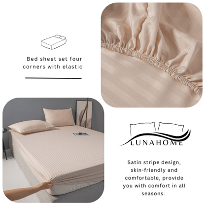 Single Size 3 Piece Set, Bedsheet with 2 Pillow Cases, Beige Color, Satin Striped Design. - BusDeals