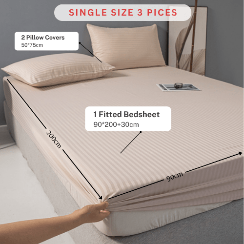 Single Size 3 Piece Set, Bedsheet with 2 Pillow Cases, Beige Color, Satin Striped Design. - BusDeals