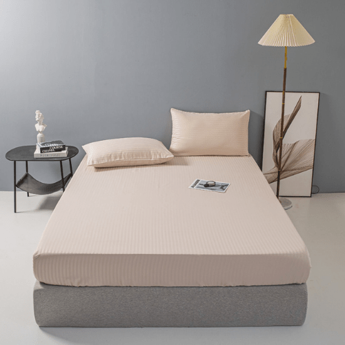 Single Size 3 Piece Set, Bedsheet with 2 Pillow Cases, Beige Color, Satin Striped Design. - BusDeals
