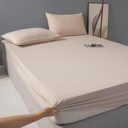 Single Size 3 Piece Set, Bedsheet with 2 Pillow Cases, Beige Color, Satin Striped Design. - BusDeals
