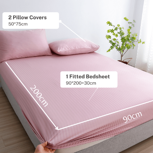 Single Size 3 Piece Set, Bedsheet with 2 Pillow Cases, Light Old Rose Color, Satin Striped Design. - BusDeals