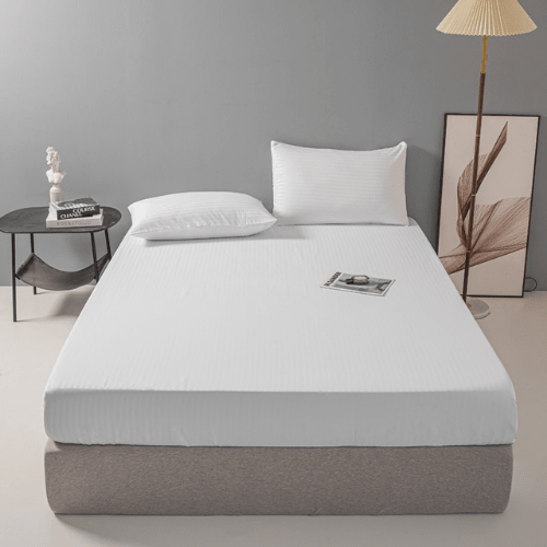 Single Size 3 Piece Set, Bedsheet with 2 Pillow Cases, White Color, Satin Striped Design. - BusDeals