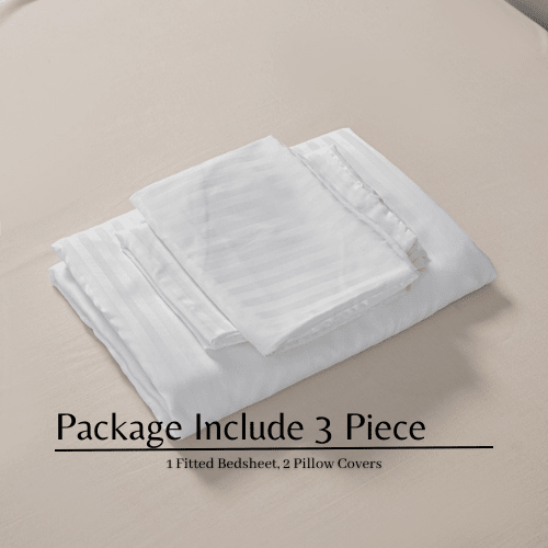 Single Size 3 Piece Set, Bedsheet with 2 Pillow Cases, White Color, Satin Striped Design. - BusDeals