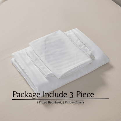 Single Size 3 Piece Set, Bedsheet with 2 Pillow Cases, White Color, Satin Striped Design. - BusDeals
