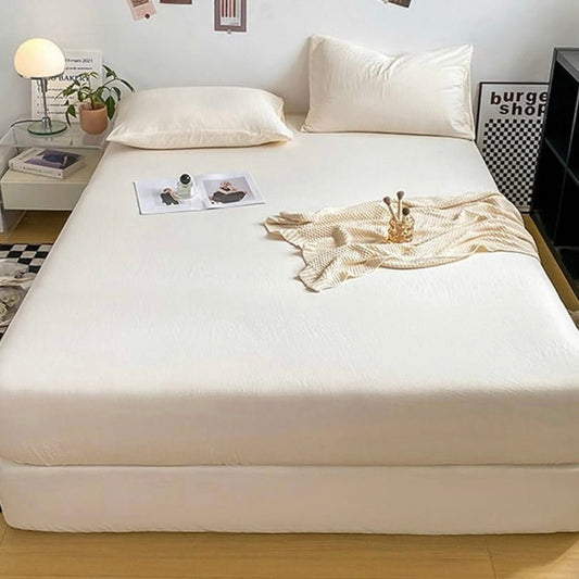 Single Size 3 Pieces Fitted Bedsheet Set, Washable Cotton, Cream Color. - BusDeals
