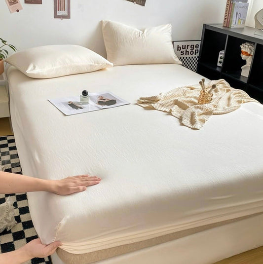 Single Size 3 Pieces Fitted Bedsheet Set, Washable Cotton, Cream Color. - BusDeals