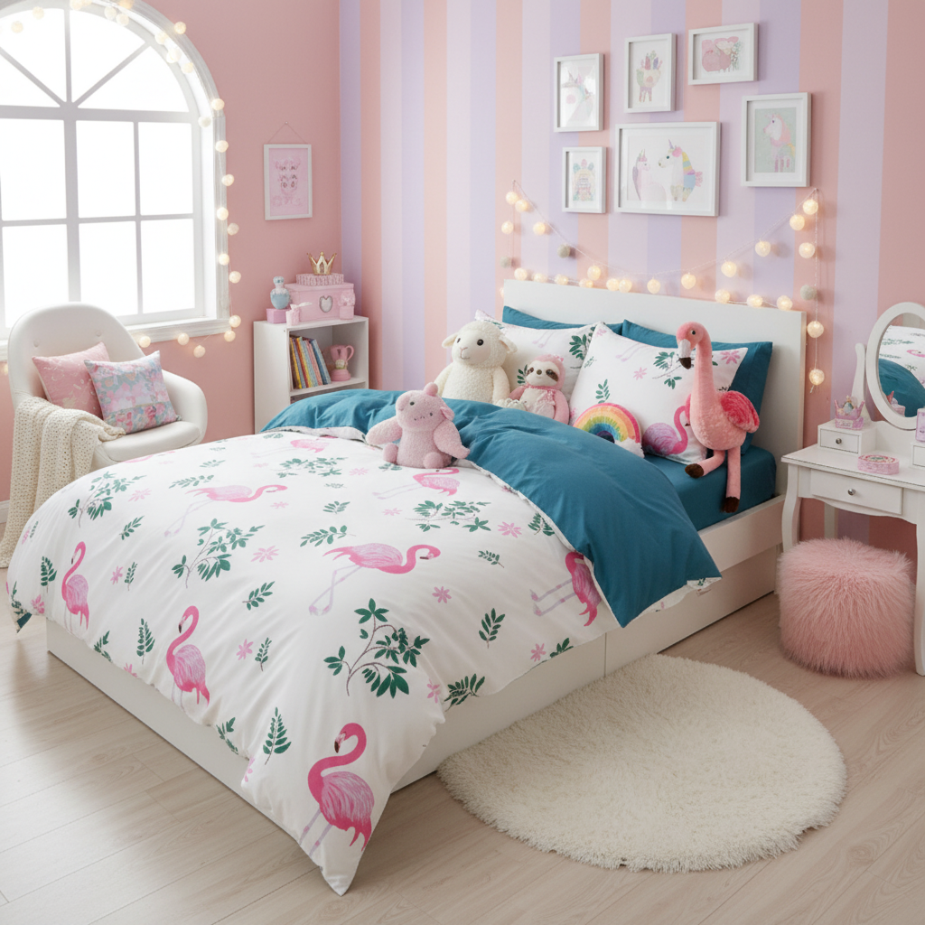 Flamingo and leaf patterned bedding set on a bed in a room with nightstands and decor. Unite Arab Emirates
