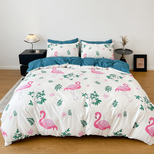 Single size, 4 - piece a stunning pink flamingo design set against a white background with touches of pink. - BusDeals