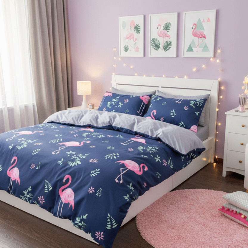 Children's bedroom with pink flamingo bedding and decor