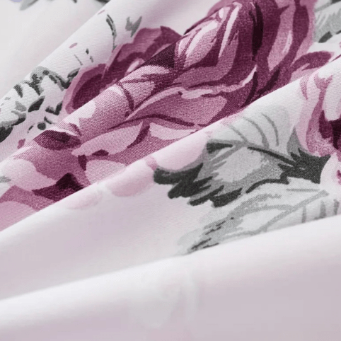 Single size 4 piece bedding set, white bed linen with purple floral pattern. - BusDeals