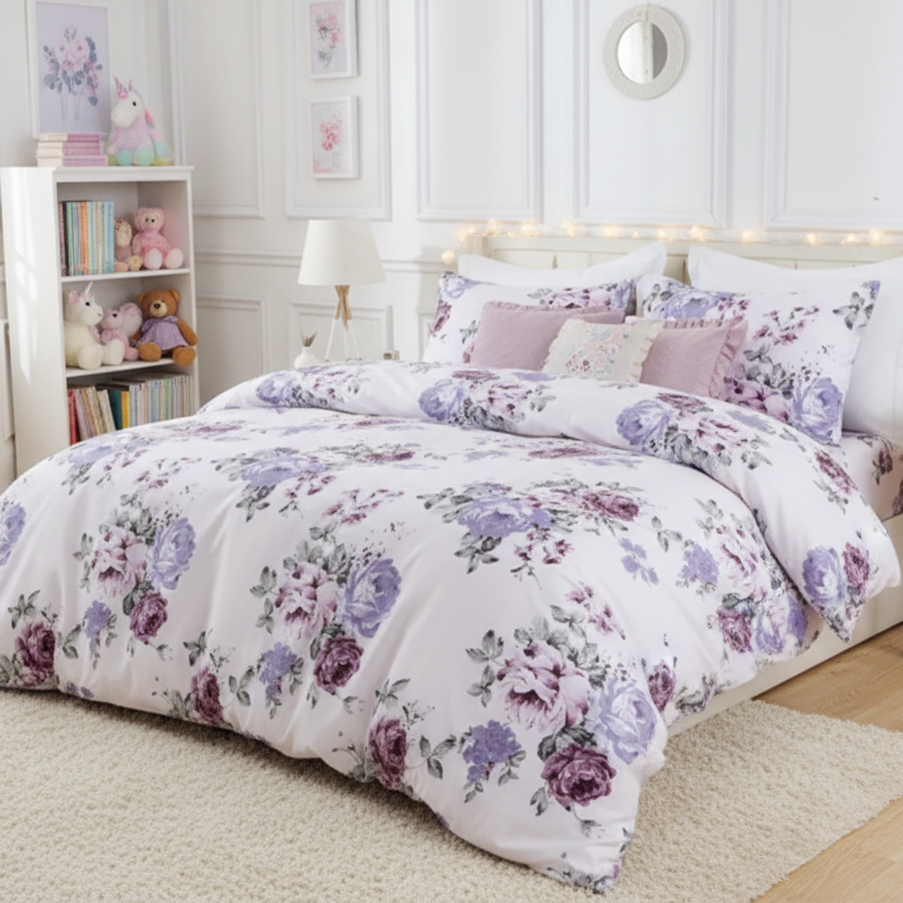 Single size 4 piece bedding set, white bed linen with purple floral pattern. - BusDeals
