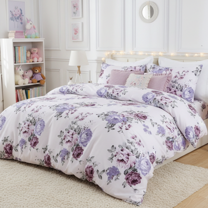 Single size 4 piece bedding set, white bed linen with purple floral pattern. - BusDeals