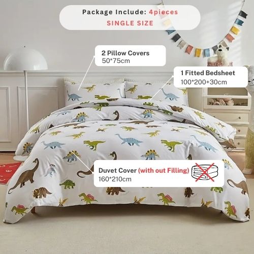 Single size 4 piece bedding set with dinosaur pattern duvet cover. - BusDeals