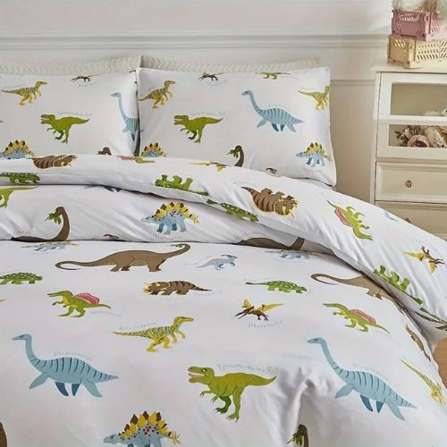 Single size 4 piece bedding set with dinosaur pattern duvet cover. - BusDeals