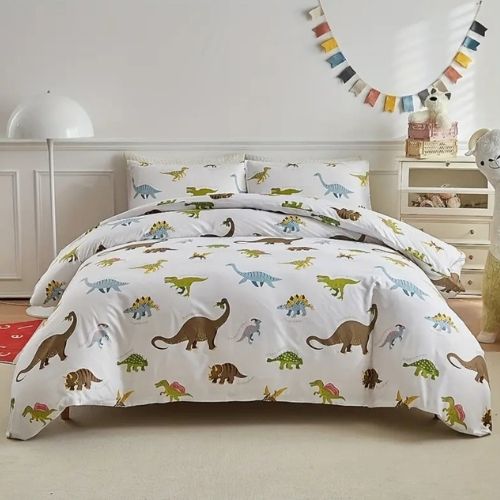 Single size 4 piece bedding set with dinosaur pattern duvet cover. - BusDeals