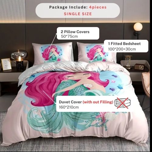 Single size 4 piece bedding set with duvet cover 3D mermaid design. - BusDeals