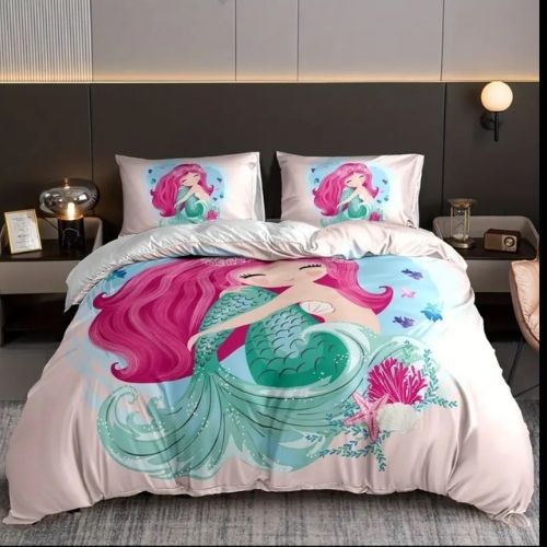 Single size 4 piece bedding set with duvet cover 3D mermaid design. - BusDeals