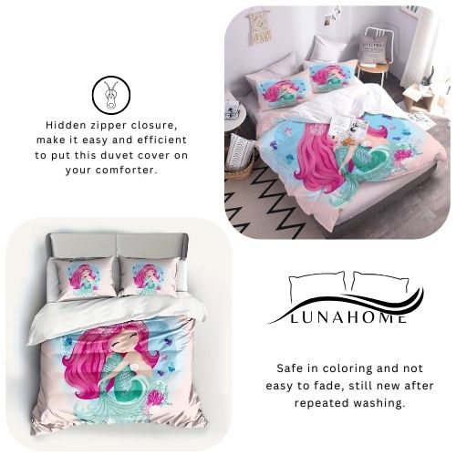 Single size 4 piece bedding set with duvet cover 3D mermaid design. - BusDeals