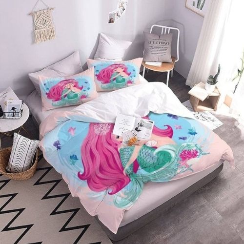 Single size 4 piece bedding set with duvet cover 3D mermaid design. - BusDeals