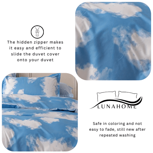 Single size 4 Piece Duvet cover set 3D deisign Cloud Pattern, sky blue color. - BusDeals