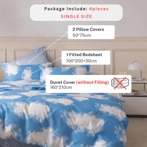 Single size 4 Piece Duvet cover set 3D deisign Cloud Pattern, sky blue color. - BusDeals