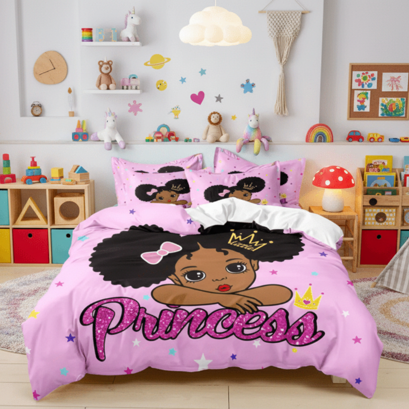 Pink 'Princess' themed bedding set with a child's room in the background