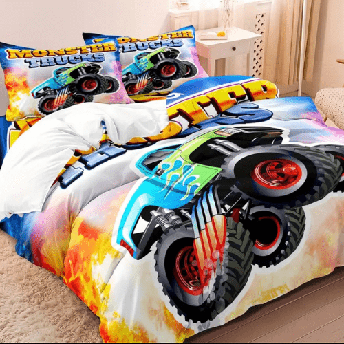 Single size, 4 - piece duvet cover set in white, a colorful car design. - BusDeals