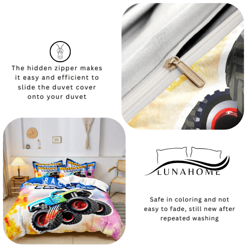 Single size, 4 - piece duvet cover set in white, a colorful car design. - BusDeals