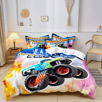 Single size, 4 - piece duvet cover set in white, a colorful car design. - BusDeals