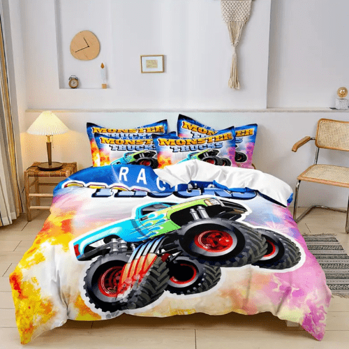 Single size, 4 - piece duvet cover set in white, a colorful car design. - BusDeals