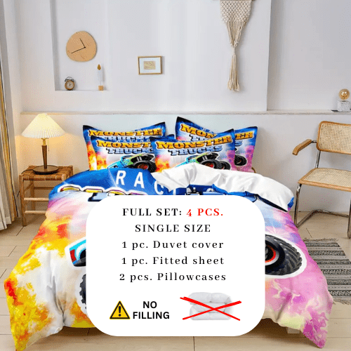 Single size, 4 - piece duvet cover set in white, a colorful car design. - BusDeals