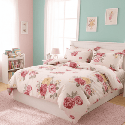 Single size, 4 - piece duvet cover set, rose design in a lovely shade of pink. - BusDeals